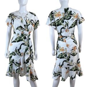 Lucy Paris Women Size S White Green Tropical Leaf Wrap High Low Midi NEW Dress